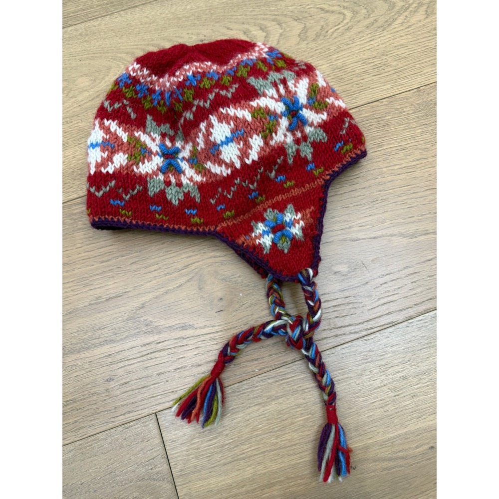 Lost‎ Horizons Wool WINTER Hat Red Fair Isle NEPAL ONE SIZE UNISEX